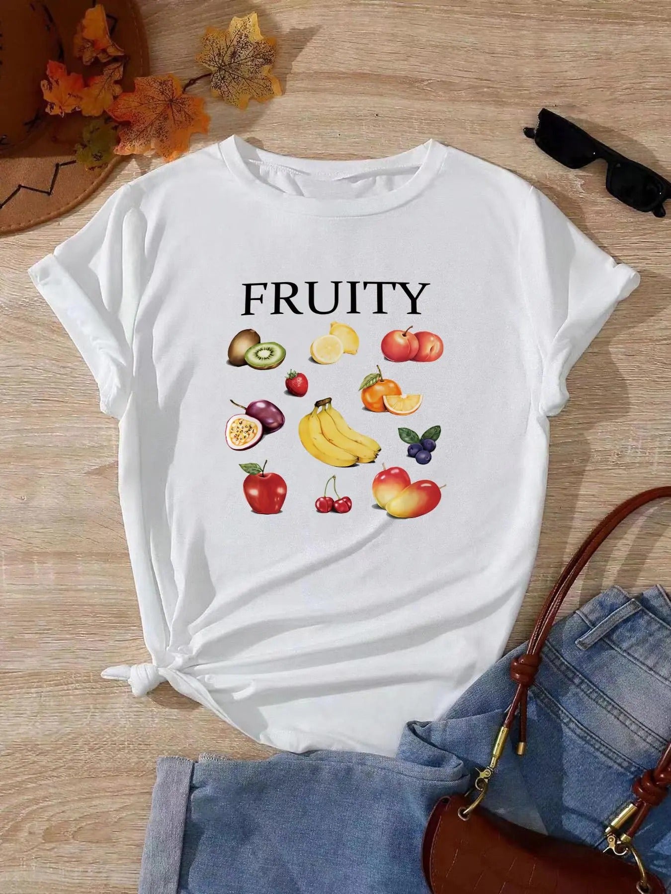 Women's Letter & Fruit Print Short Sleeve Tee, Casual Round Neck T-shirt for Summer, Fashion Women's Top for Daily Wear...