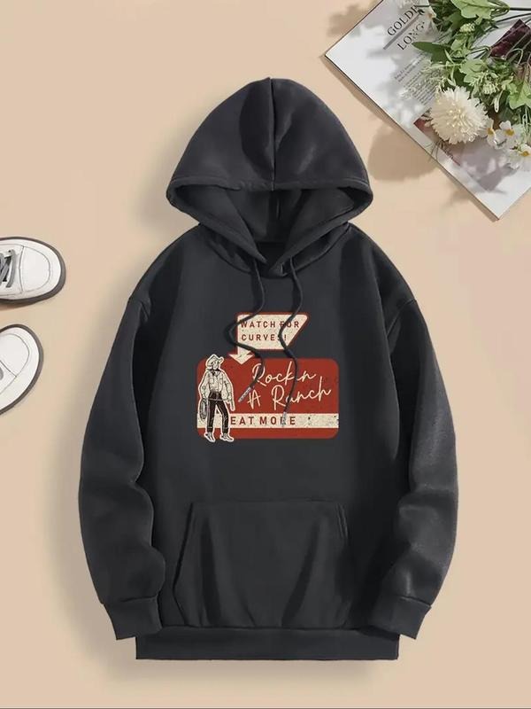 Women's Letter & Geometric Print Drop Shoulder Hoodie, Fashion Casual Drawstring Pocket Hooded Sweatshirt for Daily...