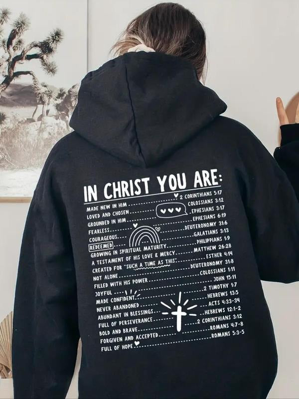 Women's Letter & Geometric Print Drop Shoulder Hoodie, Fashion Casual Drawstring Pocket Hooded Sweatshirt for Daily...