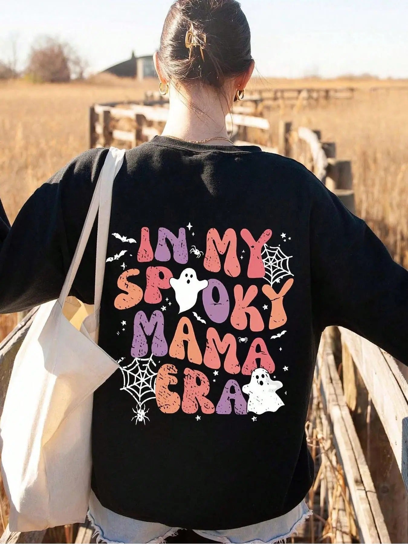Women's Letter & Ghost Print Crew Neck Sweatshirt, Casual Drop Shoulder Long Sleeve Pullover, Women's Fall & Winter...