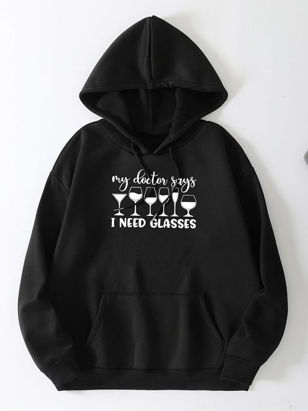 Women's Letter & Glass Print Drop Shoulder Hoodie, Fashion Casual Drawstring Pocket Hooded Sweatshirt for Daily Holiday...