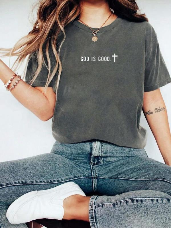 Women's Letter & Goat Print Round Neck Tee, Vintage Trendy Casual Short Sleeve T-shirt for Daily Wear, Ladies Summer...