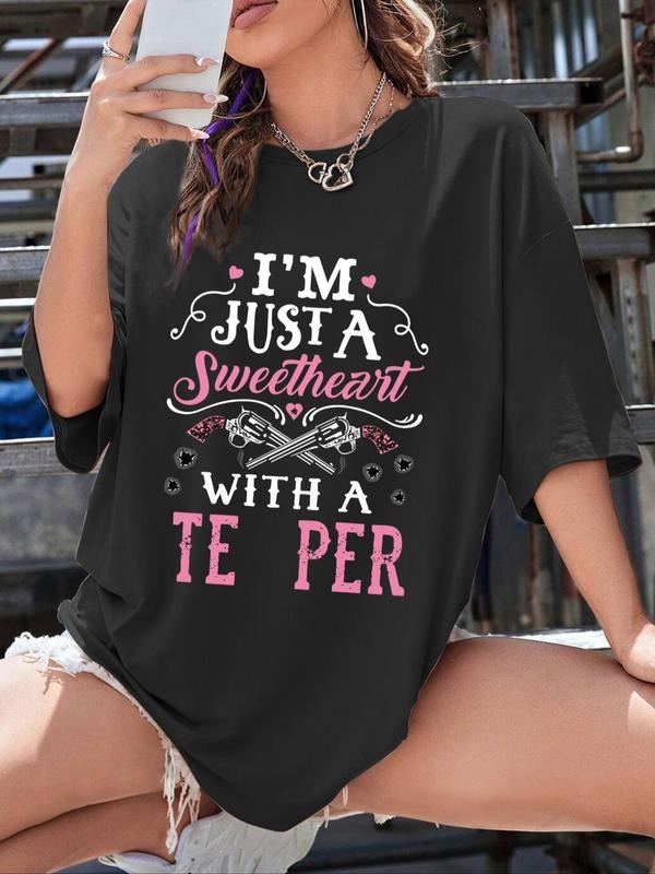 Women's Letter & Gun Print Drop Shoulder Tee, Casual Half Sleeve Round Neck T-Shirt for Summer, Fashion Women's Top for...