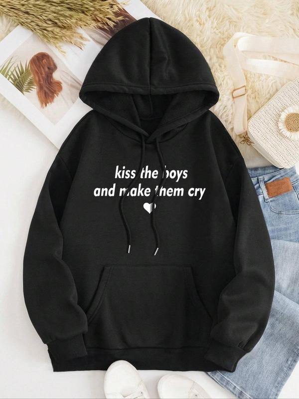 Women's Letter & Heart Print Drawstring Pocket Hoodie, Casual Drop Shoulder Long Sleeve Hooded Sweatshirt, Ladies Fall &...