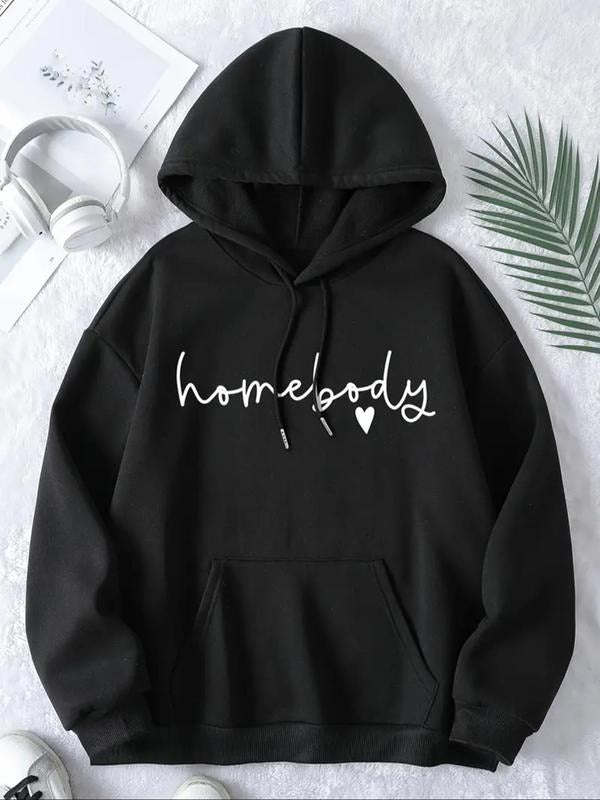 Women's Letter & Heart Print Drawstring Pocket Thermal Lined Hoodie, Casual Long Sleeve Hooded Sweatshirt for Fall &...