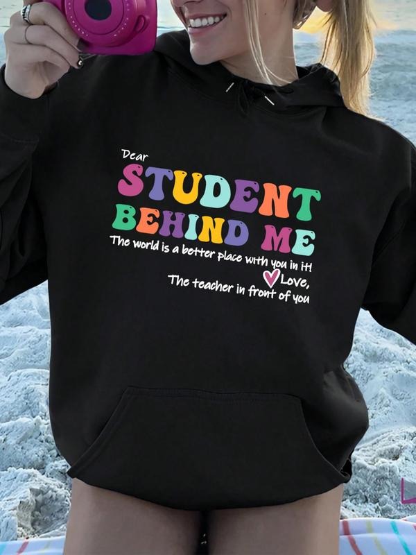 Women's Letter & Heart Print Drop Shoulder Hoodie, Fashion Casual Drawstring Kangaroo Pocket Hooded Sweatshirt for Daily...