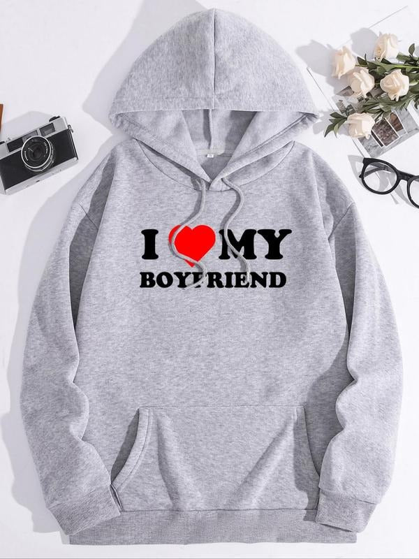 Women's Letter & Heart Print Drop Shoulder Hoodie, Fashion Casual Drawstring Pocket Hooded Sweatshirt for Daily Holiday...