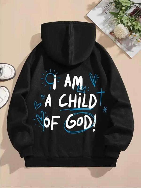 Women's Letter & Heart Print Drop Shoulder Hoodie, Fashion Casual Drawstring Pocket Hooded Sweatshirt for Daily Holiday...