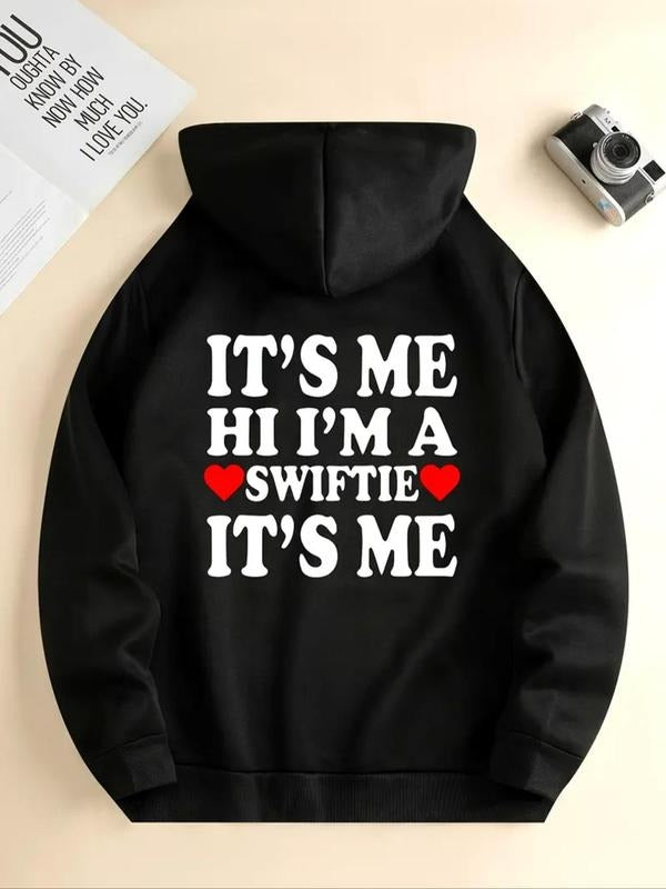 Women's Letter & Heart Print Drop Shoulder Hoodie, Fashion Casual Drawstring Pocket Hooded Sweatshirt for Daily Holiday...