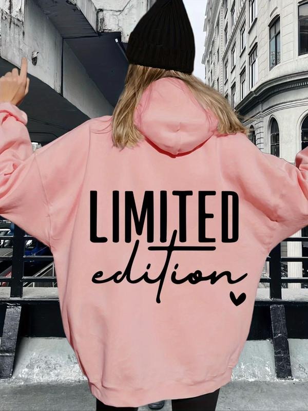 Women's Letter & Heart Print Drop Shoulder Hoodie, Fashion Casual Drawstring Pocket Hooded Sweatshirt for Daily Holiday...