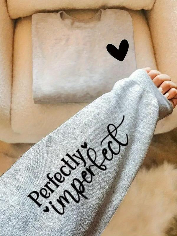 Women's Letter & Heart Print Drop Shoulder Sweatshirt, Casual Long Sleeve Round Neck Pullover for Fall & Winter, Women's...