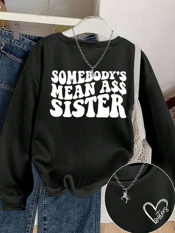 Women's Letter & Heart Print Drop Shoulder Sweatshirt, Casual Long Sleeve Thermal Lined Round Neck Pullover for Fall &...