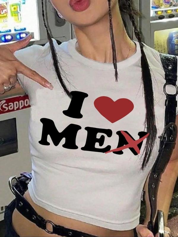Women's Letter & Heart Print Round Neck Crop Tee, Fashion Casual Crew Neck T-Shirt for Daily Holiday Vacation Outdoor...