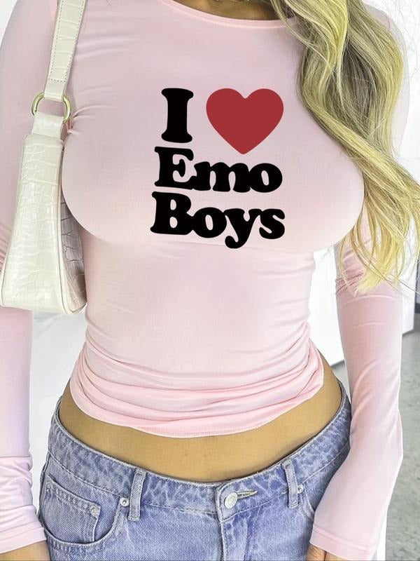 Women's Letter & Heart Print Round Neck Skinny Tee, Y2K Trendy Long Sleeve T-shirt for Daily Wear, Ladies All Seasons...