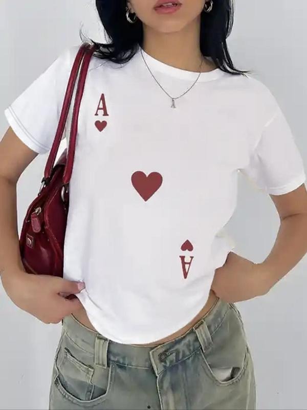 Women's Letter & Heart Print Round Neck Tee, Casual Crew Neck Short Sleeve T-shirt, Ladies Summer Outfit Hoodie, Sweatshirt