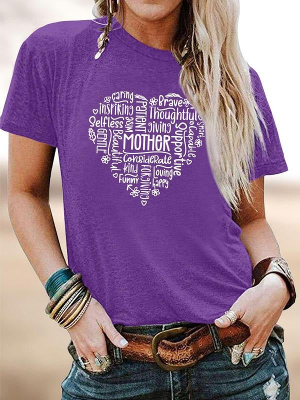 Women's Letter & Heart Print Round Neck Tee, Casual Short Sleeve Crew Neck T-shirt for Daily Wear, Ladies Clothes for All...