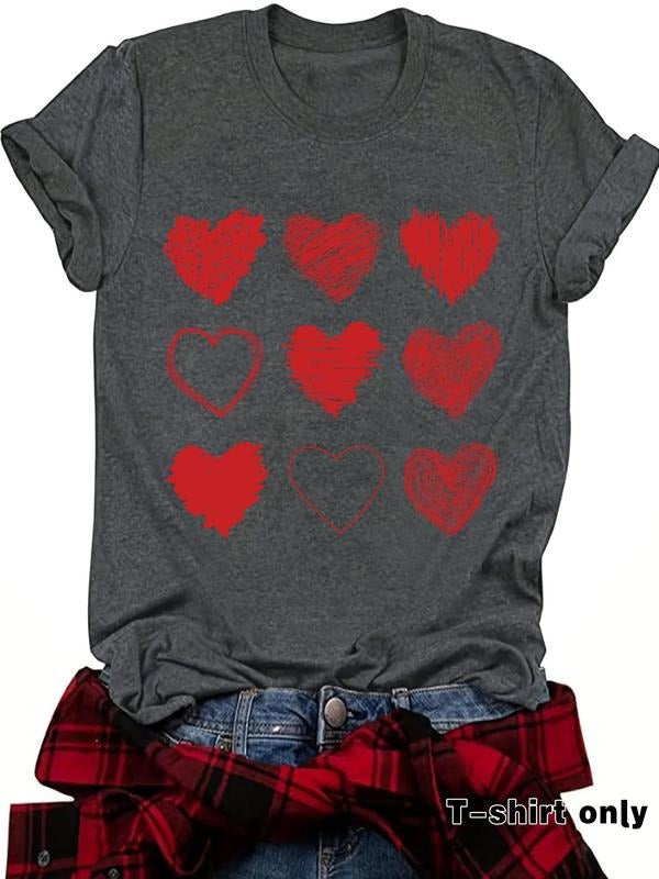 Women's Letter & Heart Print Round Neck Tee, Casual Short Sleeve Crew Neck T-shirt for Spring, Fashion Women's Top for...