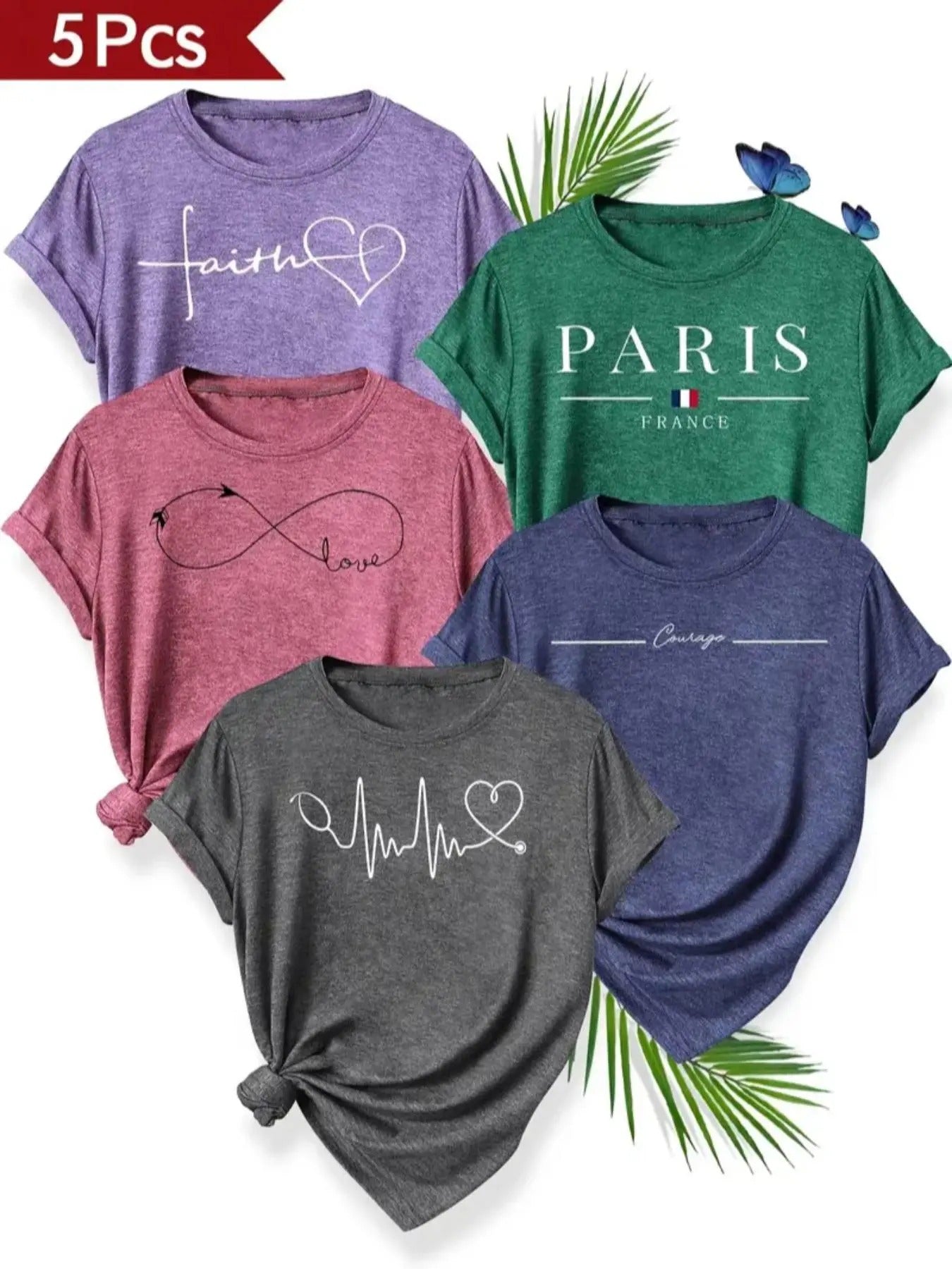 Women's Letter & Heart Print Round Neck Tee, Casual Short Sleeve T-shirt for Daily Wear, Ladies Clothes for Summer...
