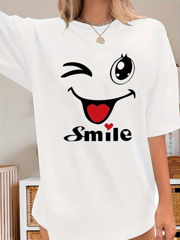 Women's Letter & Heart Print Round Neck Tee, Casual Smile Face Print Crew Neck T-Shirt for Daily Wear, Ladies Clothes for...