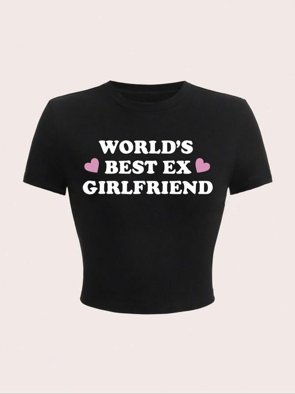 Women's Letter & Heart Print Round Neck Tee, Summer Clothes Women, Casual Short Sleeve Crew Neck T-Shirt for Summer,...