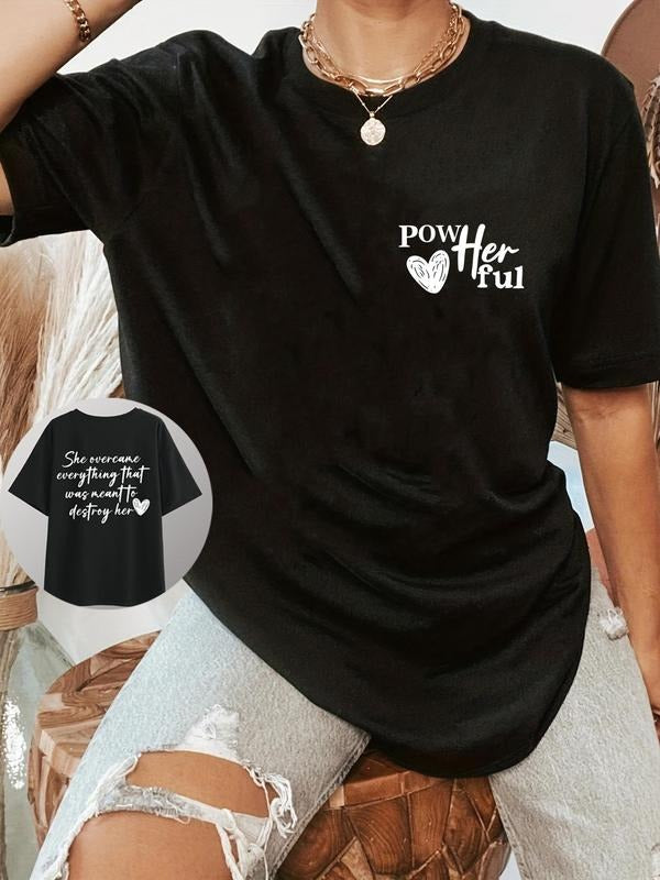 Women's Letter & Heart Print Round Neck Tee, Trendy Casual Drop Shoulder Short Sleeve T-shirt for Daily Wear, Ladies All...