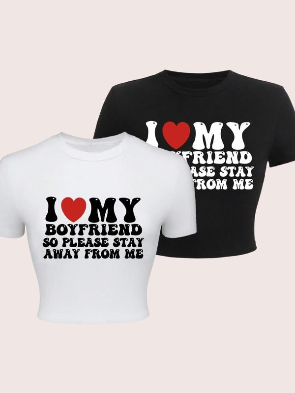 Women's Letter & Heart Print Short Sleeve Crop Tee, Casual Graphic Crew Neck T-Shirt, Ladies Clothes for Daily Wear...