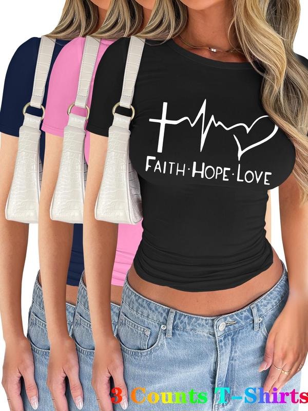 Women's Letter & Heart Print Short Sleeve Tee, Casual Faith Hope Love Printed T-shirt for Summer, Ladies Clothes for...
