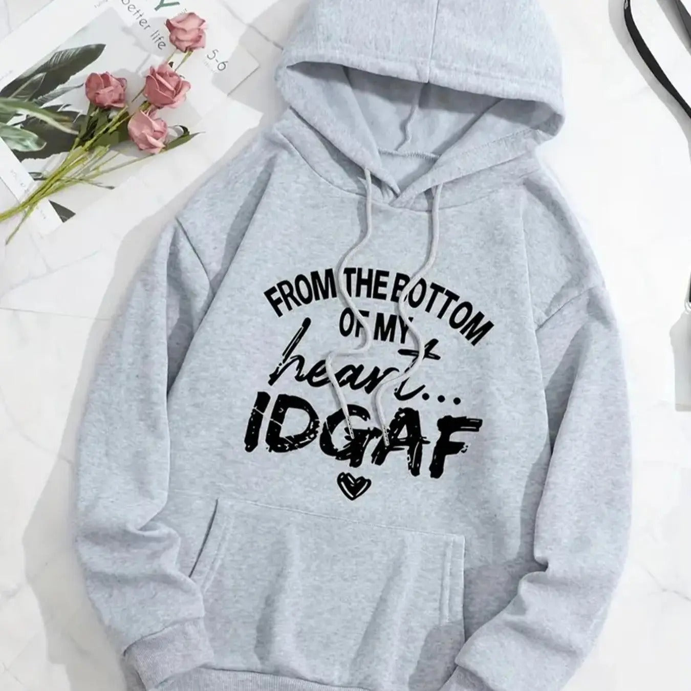 Women's Letter & Heart Print Thermal Lined Hoodie, Fashion Casual Drawstring Pocket Long Sleeve Hooded Sweatshirt for...
