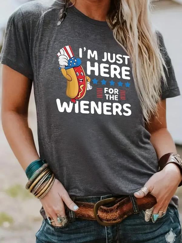 Women's Letter & Hot Dog Print Round Neck Tee, Casual Short Sleeve Crew Neck T-Shirt for Summer, Fashion Women's Top for...