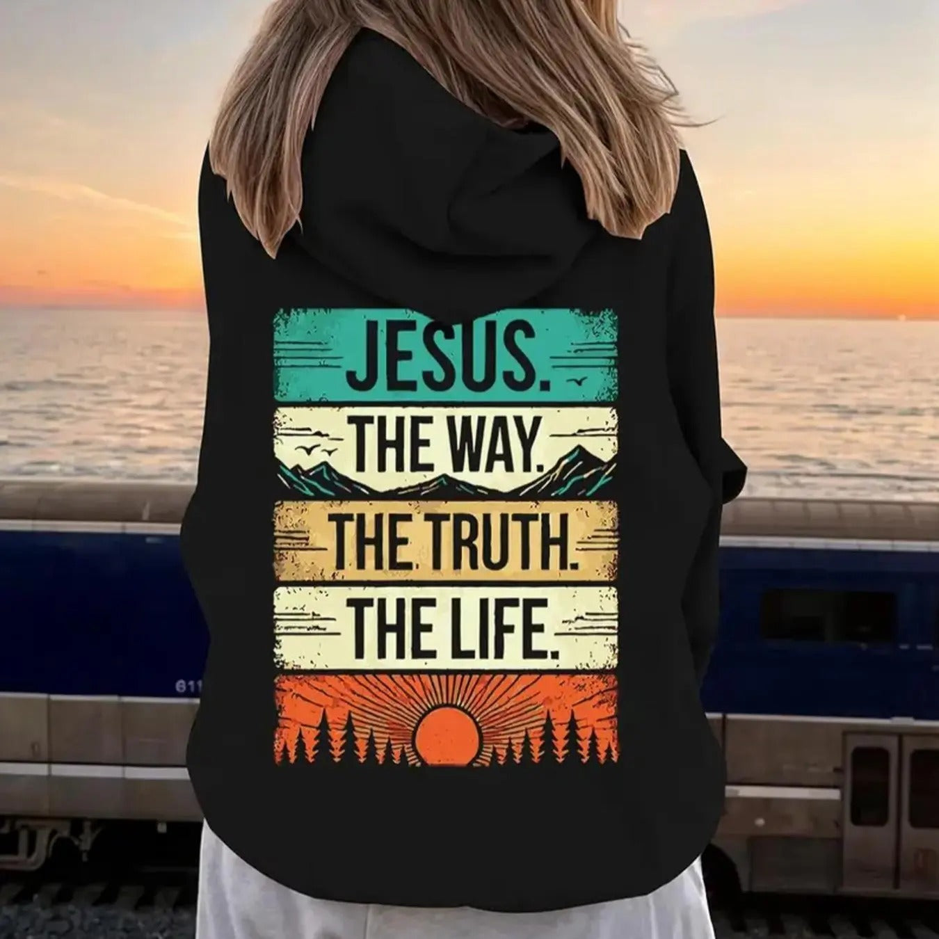 Women's Letter & Landscape Print Drawstring Pocket Hoodie, Casual Drop Shoulder Long Sleeve Hooded Sweatshirt, Ladies...