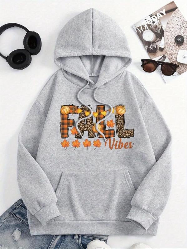 Women's Letter & Leaf Print Drop Shoulder Hoodie, Fashion Casual Drawstring Pocket Hooded Sweatshirt for Daily Holiday...