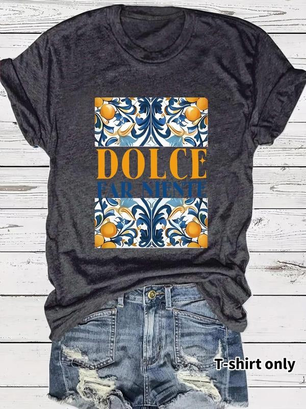 Women's Letter & Lemon Print Round Neck Tee, Casual Short Sleeve Crew Neck T-Shirt for Summer, Fashion Women's Top for...