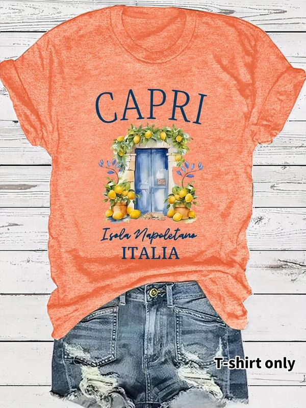 Women's Letter & Lemon Print Round Neck Tee, Casual Short Sleeve Crew Neck T-Shirt for Summer, Fashion Women's Top for...