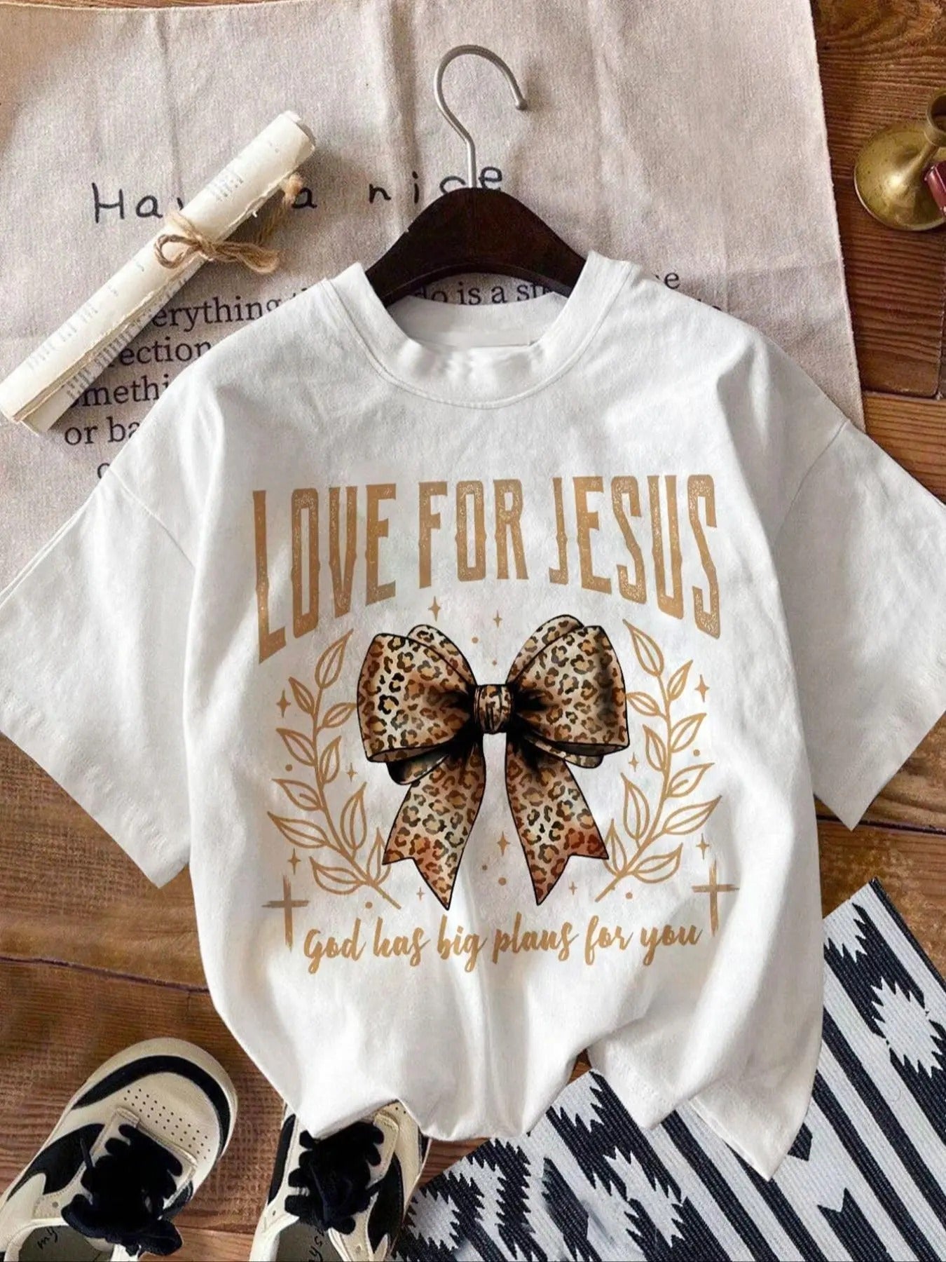 Women's Letter & Leopard Bow & Leaf Print Round Neck Tee, Trendy Casual Short Sleeve T-Shirt for Daily Wear, Ladies...