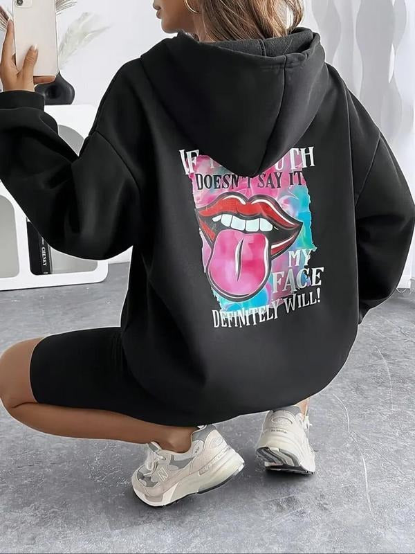 Women's Letter & Lip Print Drawstring Pocket Hoodie, Casual Long Sleeve Hooded Sweatshirt for Fall & Winter, Women's...