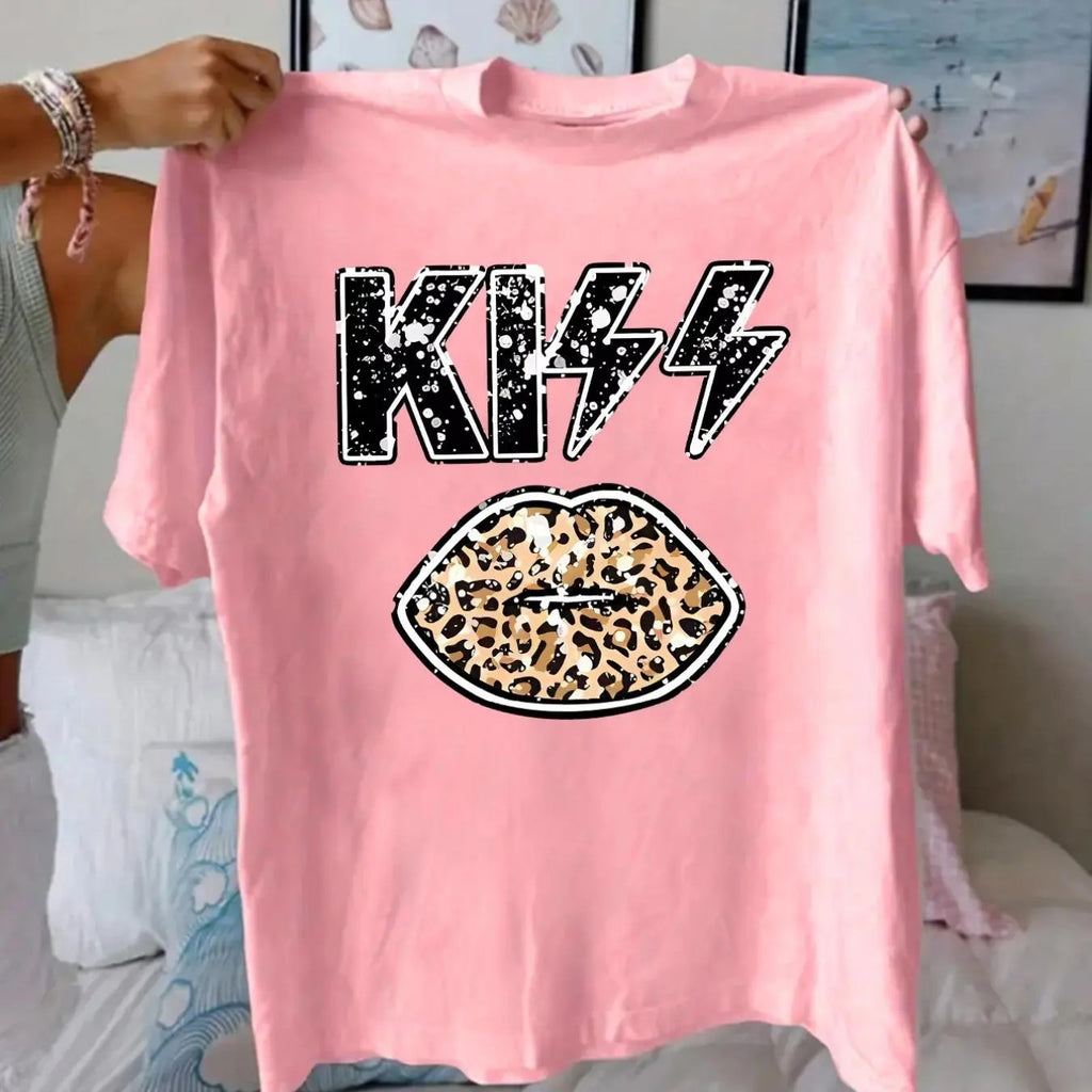 Women's Letter & Lip Print Round Neck Graphic Tee, Vintage Trendy Casual Drop Shoulder Short Sleeve T-shirt for Daily...