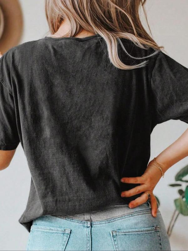 Women's Letter & Lip Print Round Neck Tee, Vintage Trendy Casual Short Sleeve T-shirt for Daily Wear, Ladies Summer...