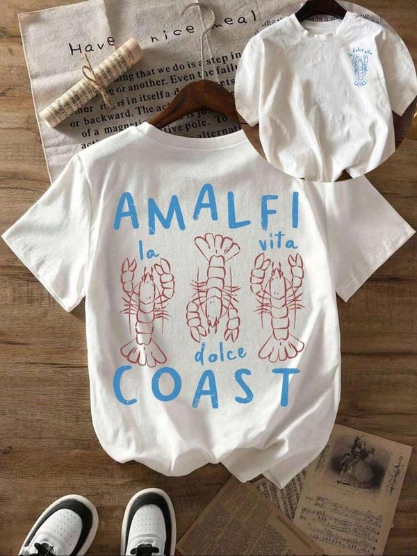 Women's Letter & Lobster Print Round Neck Tee, Vintage Trendy Casual Short Sleeve T-shirt for Daily Wear, Ladies Summer...