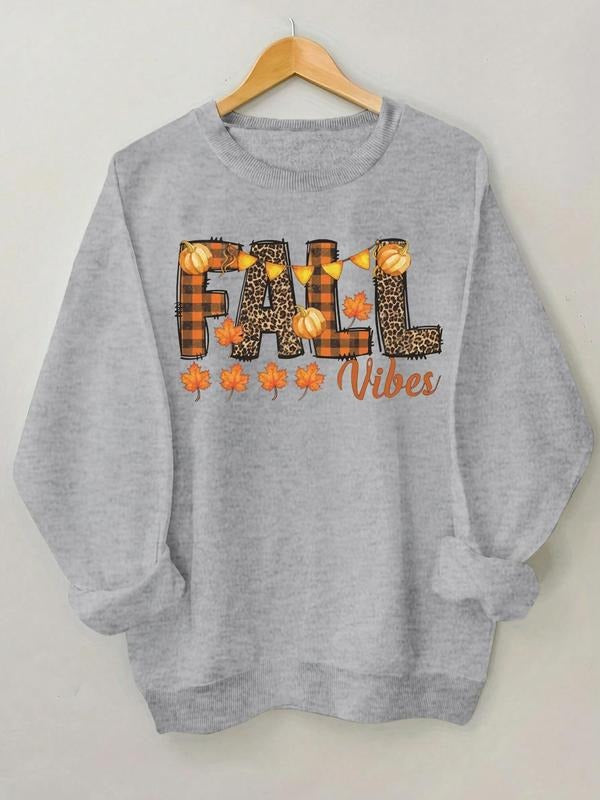 Women's Letter & Maple Leaf Print Round Neck Sweatshirt, Casual Long Sleeve Crew Neck Pullover for Fall & Winter, Women's...