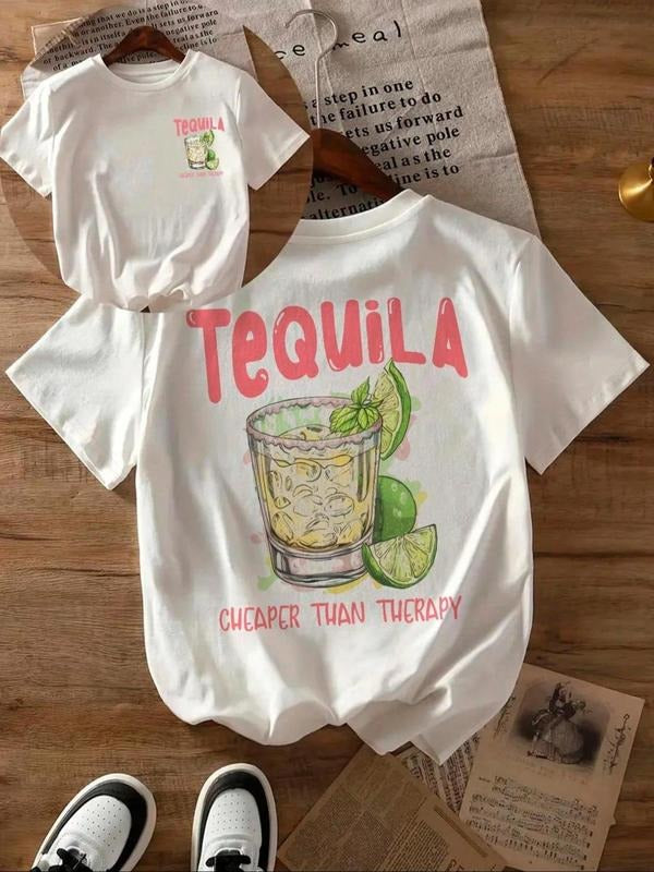 Women's Letter & Margarita Print Round Neck Tee, Casual Short Sleeve Crew Neck T-shirt for Summer, Fashion Women's Top...