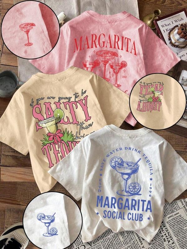 Women's Letter & Margarita Print Round Neck Tee, Casual Slogan Graphic Short Sleeve T-shirt for Summer, Ladies Daily...
