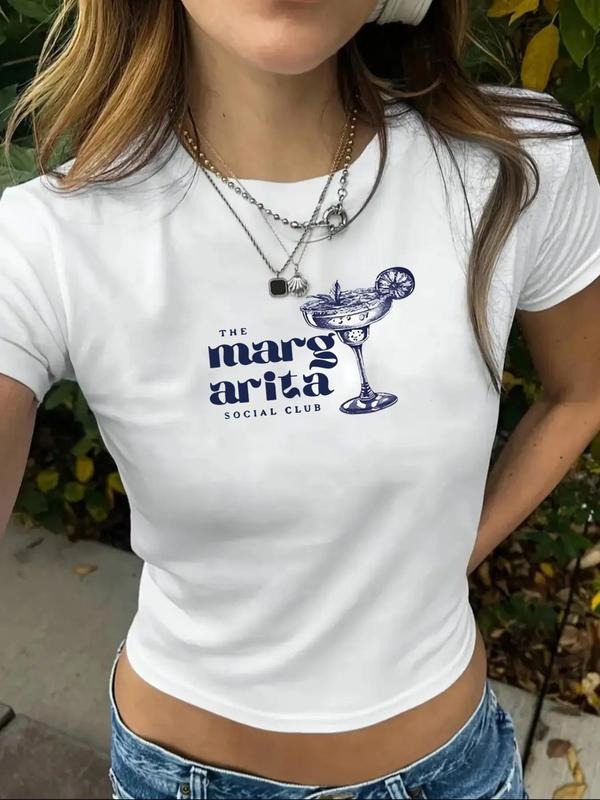 Women's Letter & Margarita Print Round Neck Tee, Street Fashion Casual Short Sleeve T-Shirt for Daily Holiday Vacation...