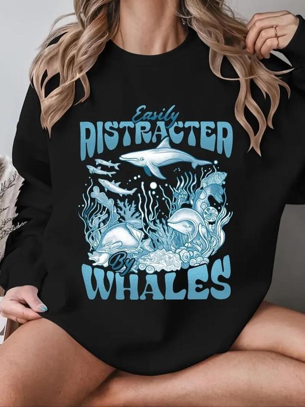 Women's Letter & Marine Life Print Round Neck Sweatshirt, Casual Long Sleeve Pullover for Fall & Winter, Women's Clothes...