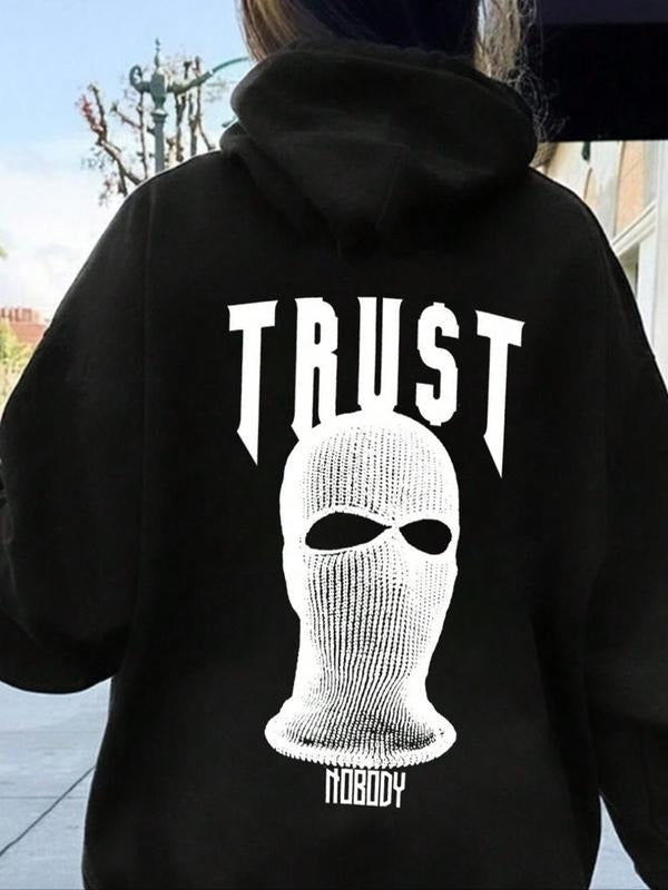 Women's Letter & Mask Print Drop Shoulder Hoodie, Fashion Casual Drawstring Pocket Hooded Sweatshirt for Daily Holiday...