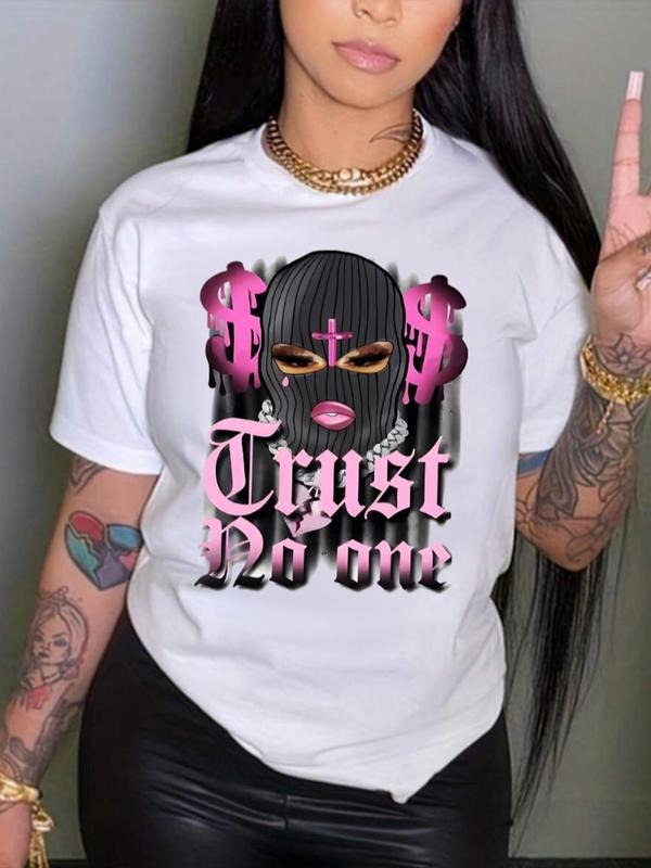 Women's Letter & Mask Print Round Neck Graphic Tee, Vintage Trendy Casual Short Sleeve T-shirt for Daily Wear, Ladies All...