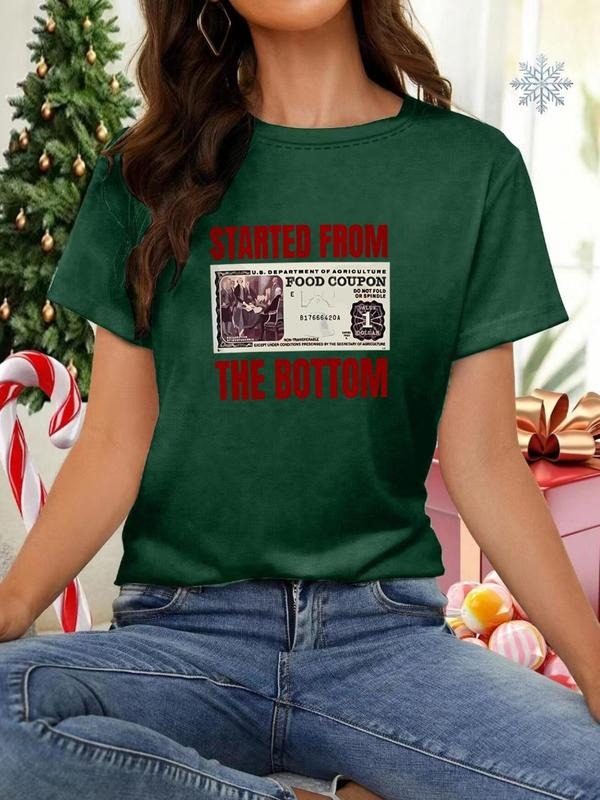 Women's Letter & Money Print Round Neck Tee, Casual Short Sleeve Crew Neck T-shirt for All Seasons, Fashion Women's Top...