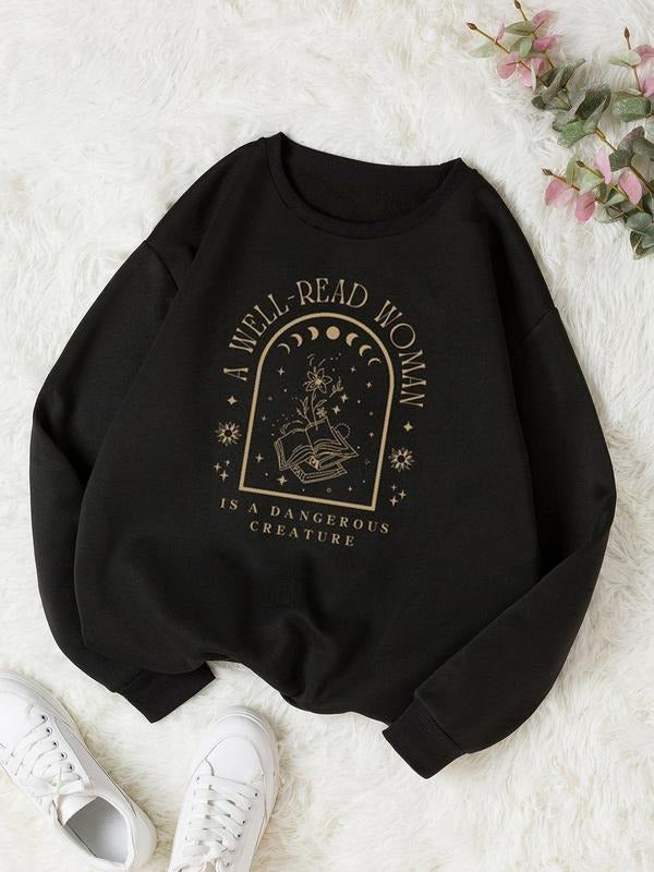 Women's Letter & Moon  Print Drop Shoulder Sweatshirt, Casual Long Sleeve Round Neck Pullover for Fall & Winter, Ladies...