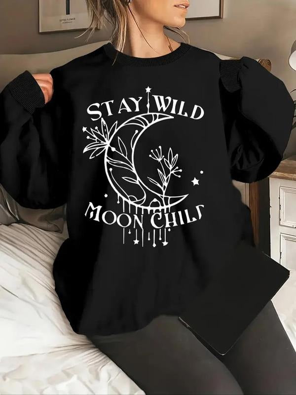 Women's Letter & Moon Print Drop Shoulder Sweatshirt, Casual Long Sleeve Round Neck Pullover for Fall & Winter, Women's...