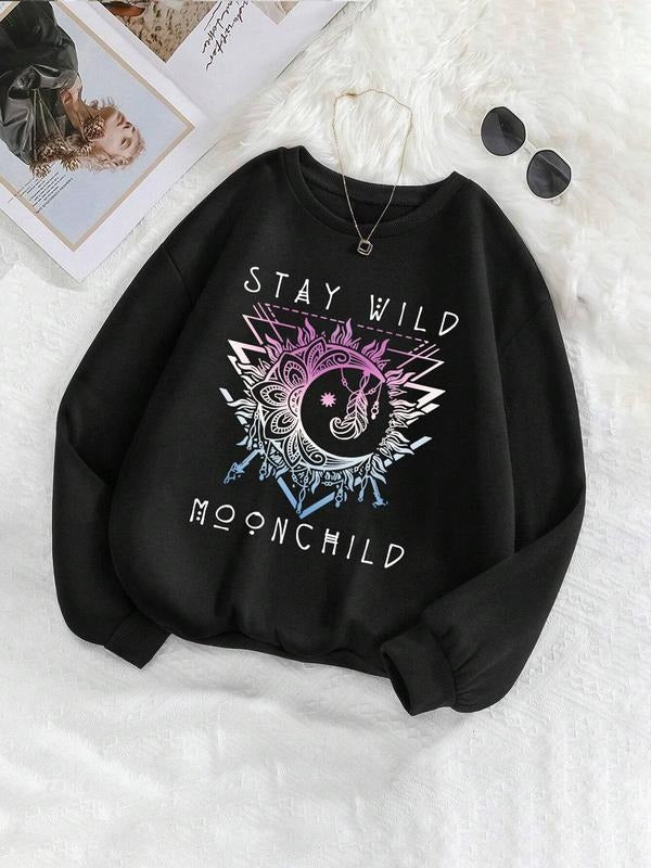 Women's Letter & Moon Print Drop Shoulder Sweatshirt, Casual Long Sleeve Round Neck Pullover for Fall & Winter, Women's...