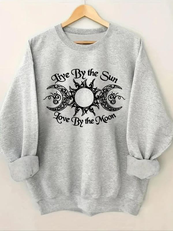Women's Letter & Moon Print Drop Shoulder Sweatshirt, Casual Long Sleeve Round Neck Pullover for Fall & Winter, Women's...
